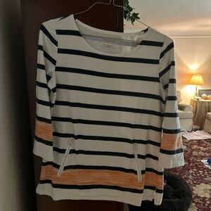 Talbots Navy, White & Orange Striped 3/4 sleeve top